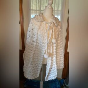 Vintage White Crocheted Cape with Pom Poms, High Collar